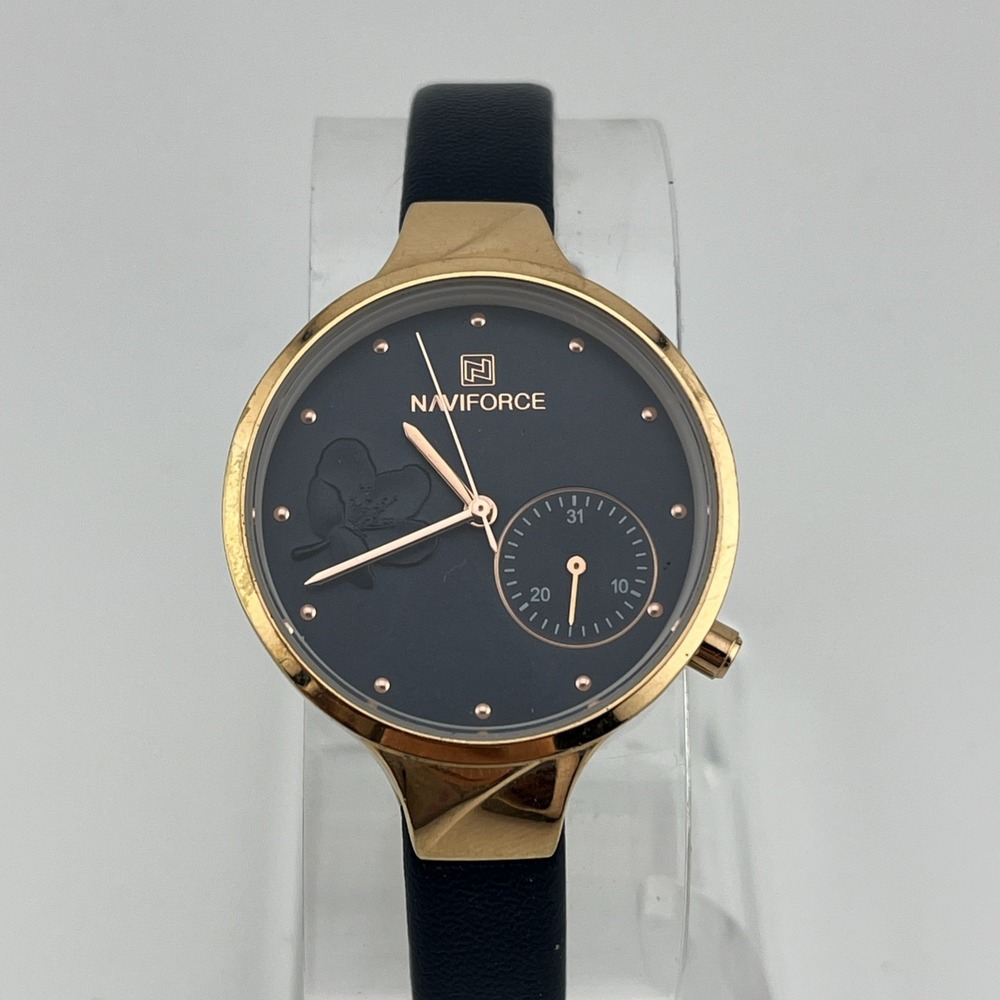 Naviforce Watch Women 32mm‎ Rose Gold Case Flower Dial Leather Band- New Battery